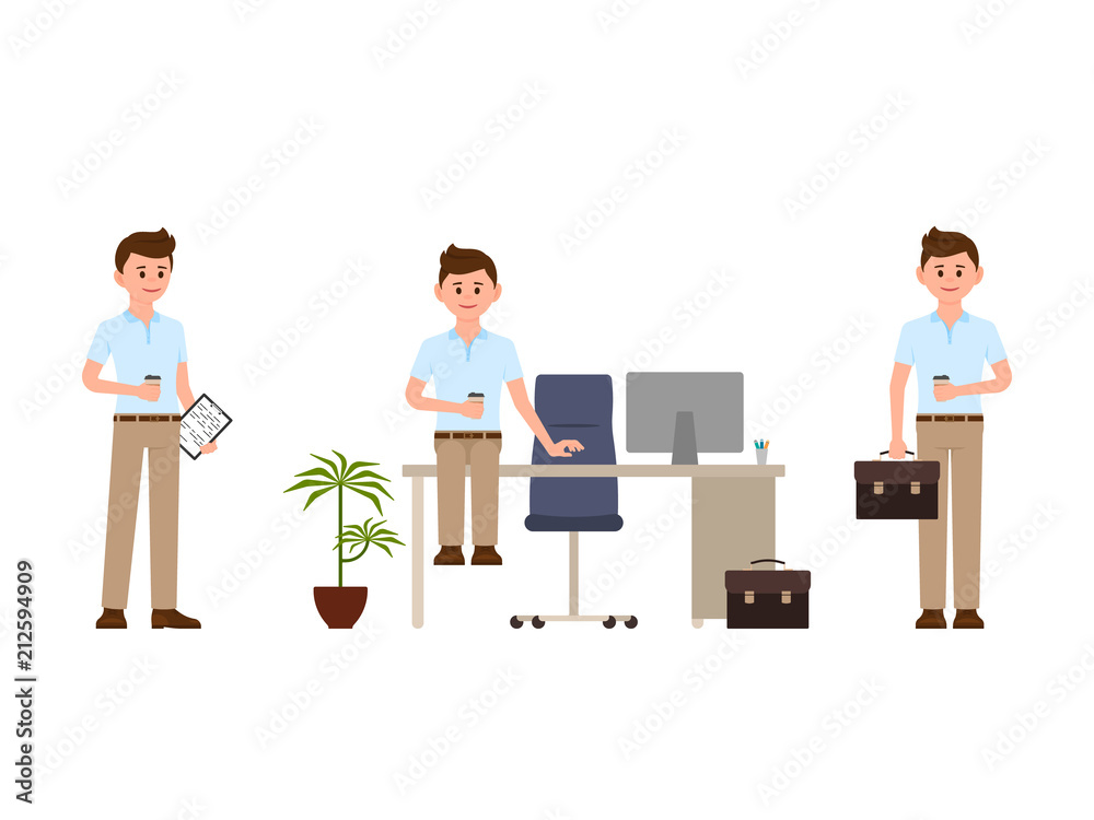 Obraz premium Happy office man drinking coffee at work cartoon character. Vector illustration of friendly workman