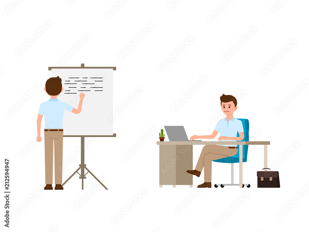 Obraz premium Young man writing on whiteboard, sitting at the office desk cartoon character. Vector illustration of working day