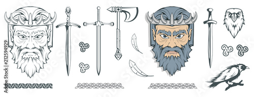 Hades - the ancient Greek god of the underworld of the dead. Greek mythology. Sword of hell and the raven. Olympian gods collection. Hand drawn Man Head. Bearded man. Vector graphics to design