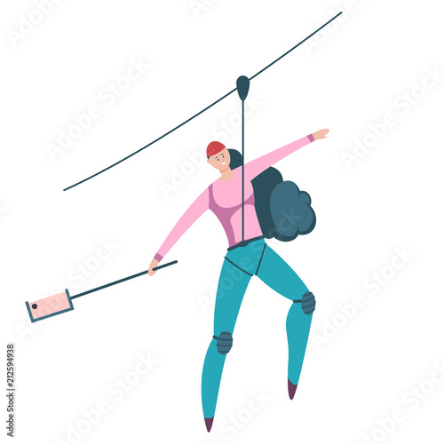 Ziplining outdoor sports illustration. Vector cartoon flat character of woman descending on a rope isolated on a white background.