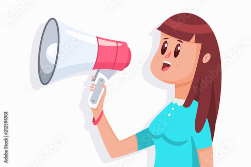 Cute girl with a megaphone. Vector cartoon flat woman character with loudspeaker illustration isolated on a white background.