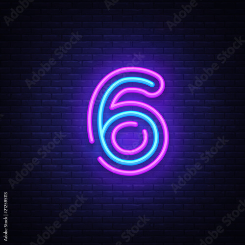 Number six symbol neon sign vector. Number six template neon icon, light banner, neon signboard, nightly bright advertising, light inscription. Vector illustration