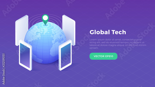 Isometric global technology concept with globe and smartphones with location marker broadcasting data vector illustration