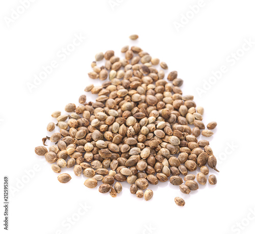 Heap of hemp seeds on white background