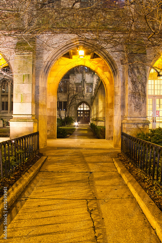 A gothic arch of a church illuminated at night leading into a courtyard.