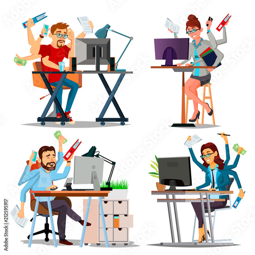 Multiple Tasks Business Concept Vector. Set Person. Many Hands Doing Tasks. Professional Occupation. Skill Of Multitasking. Financial Occupation. Talented Worker. Plodding Worker. Cartoon Illustration