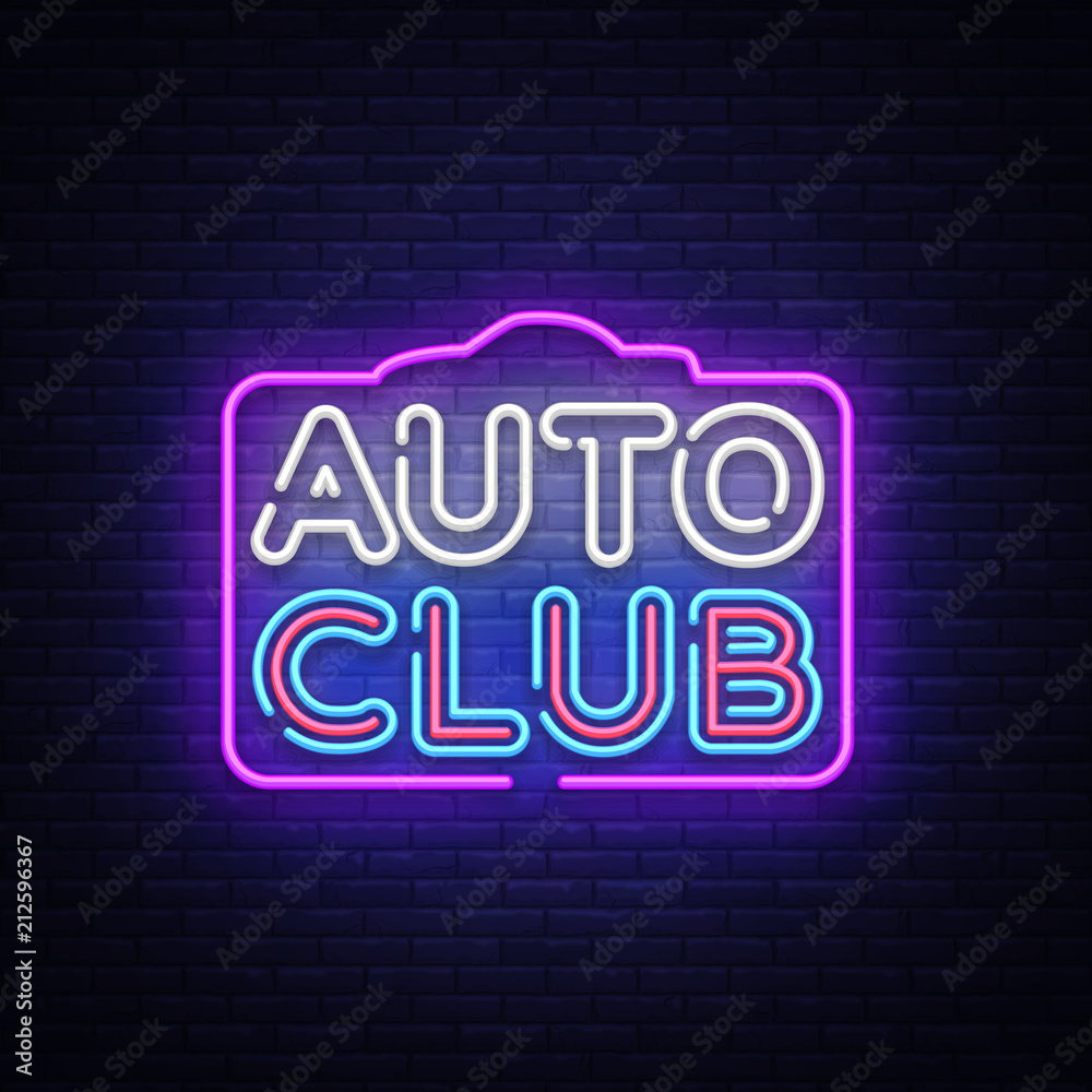 Auto Club neon sign vector. Car Service design template neon sign, light banner, neon signboard, nightly bright advertising, light inscription. Vector illustration Auto Club neon sign vector. Car Service design template neon sign, light banner, neon signboard, nightly bright advertising, light inscription. Vector illustration