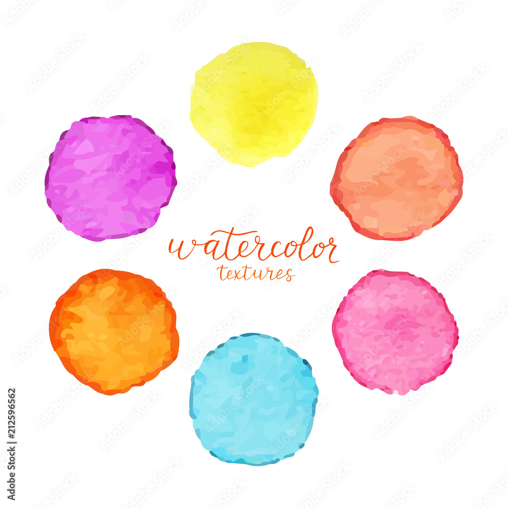 Vector set of colorful watercolor circles. Watercolour stains on white background. Vector illustration