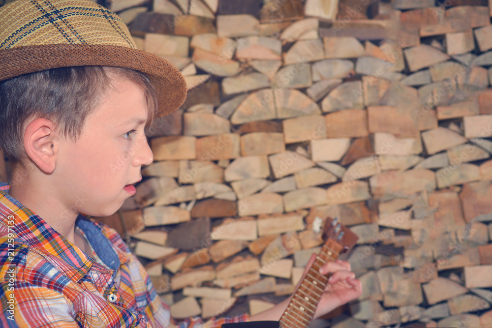 Obraz premium The boy plays the guitar and takes the chords to the dombra, in the background the wood in the village.