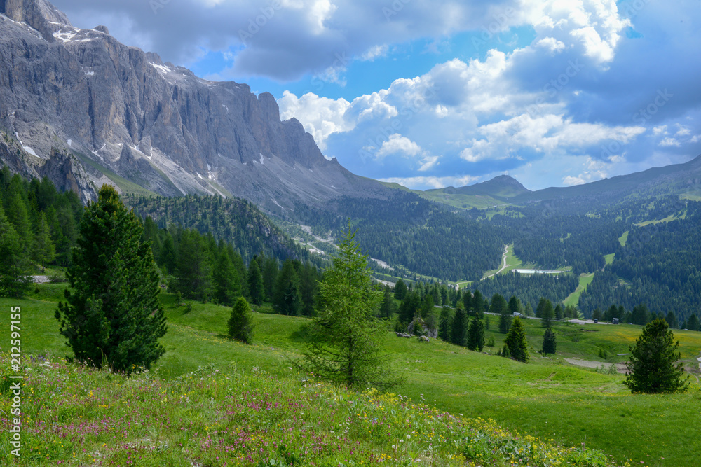 Beautiful summer mountain view of Sella group on Dolomites