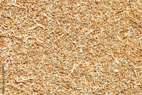 Natural wood sawdust background. Waste wood processing in the workshop. photo