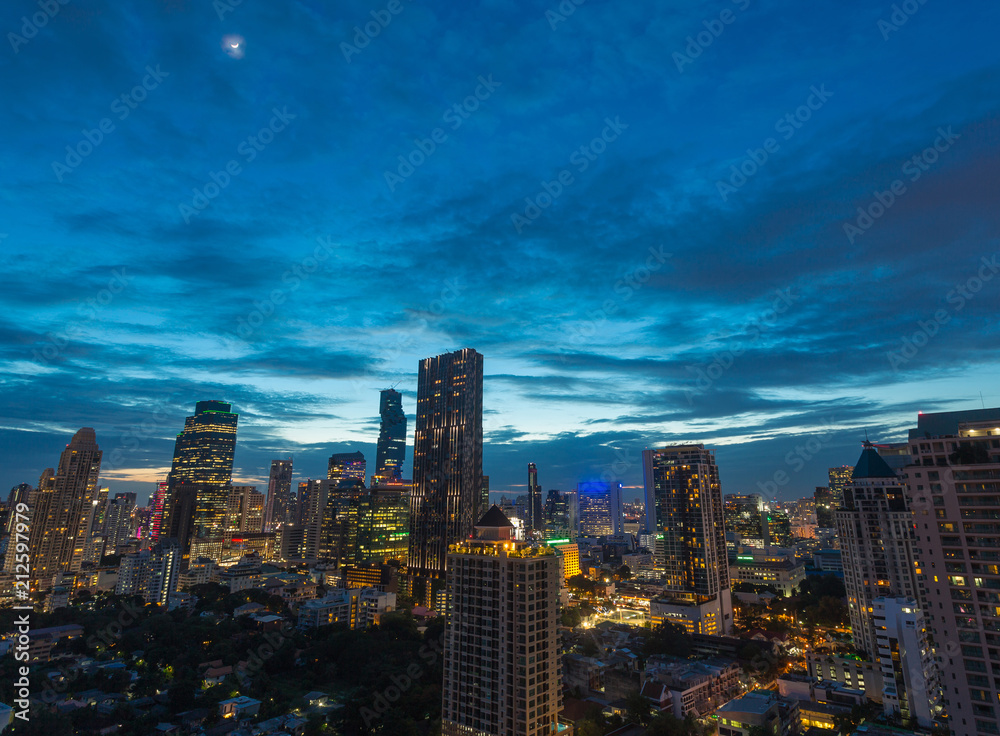 Aerial view of cityscape skyline concept, Background of Bangkok city with sunset skyscrapers