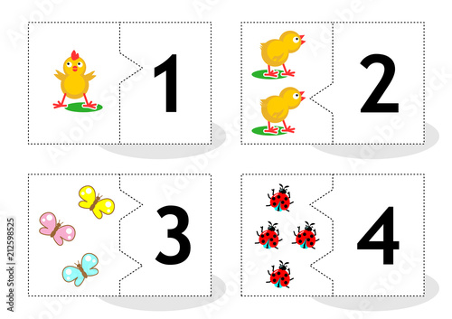 Learn counting 2-part puzzle cards to cut out and play, with chicks, butterflies, ladybugs, numbers 1 - 4
