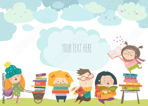 Group of cartoon children reading books