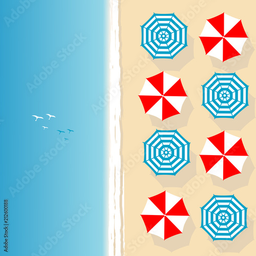 Aerial view of sea beach with beach umbrellas