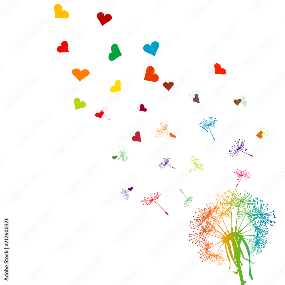 Obraz premium Kolorowy mniszek lekarski z nasionami przemieniającymi się w serca