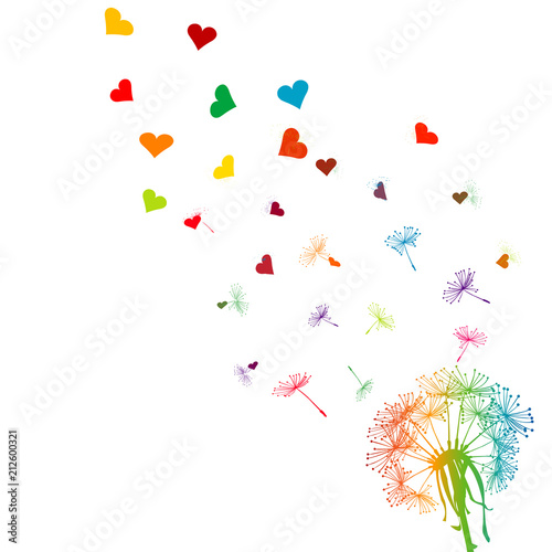 Fototapeta Naklejka Na Ścianę i Meble -  Colored dandelion with seeds transforming in hearts