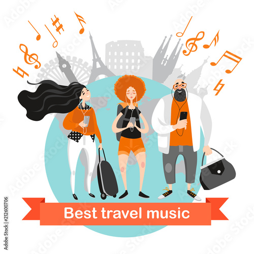 Happy people travel with music. Cartoon characters with headphones listening to music on a landmark in the background