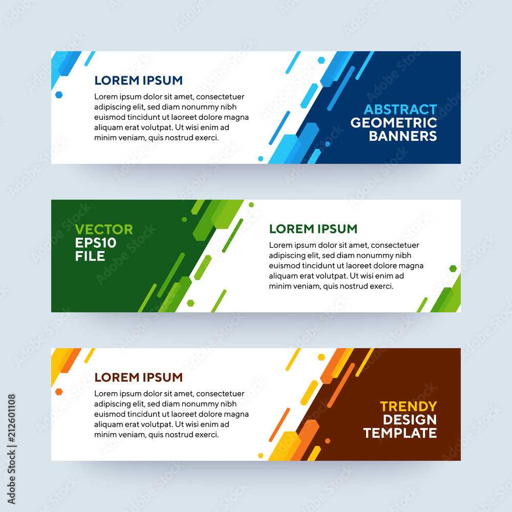 Set of three vector abstract baners. Trendy modern flat material design style. Blue, green and orange colors. Text placeholder.