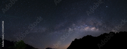 panorama milky way galaxy over mountain in dawn