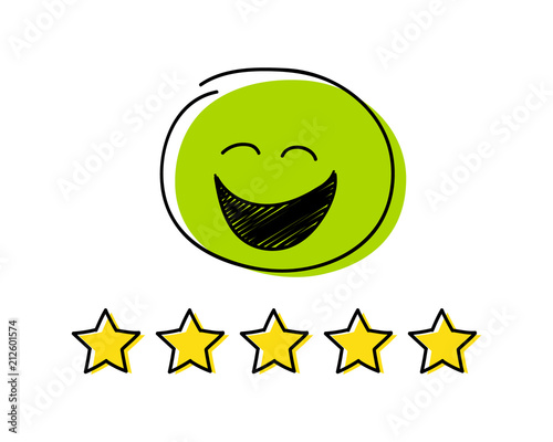 Rating icon - five stars. Green coloured happy stickman. Vector.