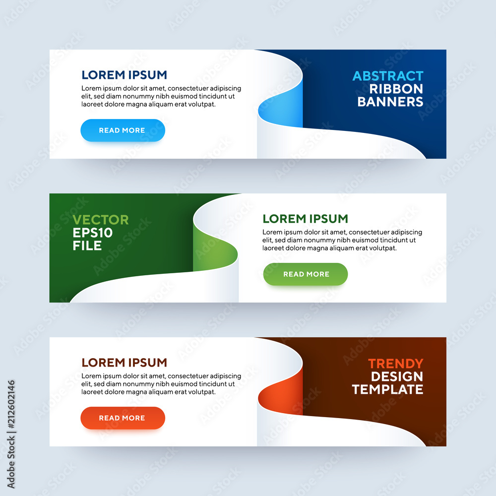 Set of three vector abstract baners. Trendy modern flat material design style. Blue, green and red colors. Text placeholder.