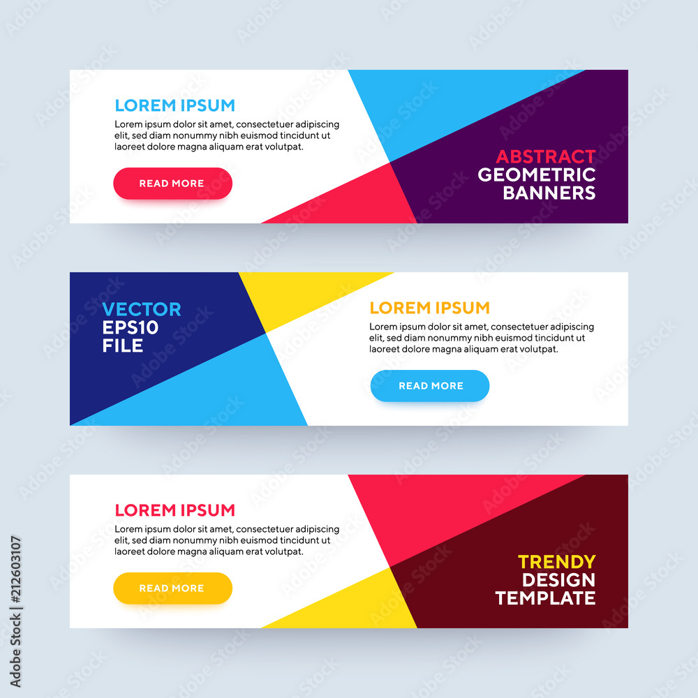 Set of three vector abstract baners. Trendy modern flat material design style. Blue, red and yellow colors. Text placeholder. Set of three vector abstract baners. Trendy modern flat material design style. Blue, red and yellow colors. Text placeholder.