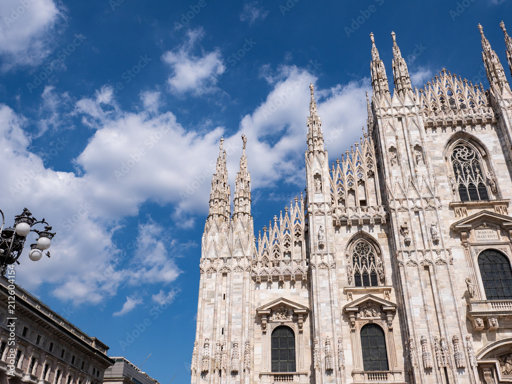 Milan, Italy - June 2018 : Famous Milan Cathedral (Duomo di Milano), view of the architecture details, west facade 