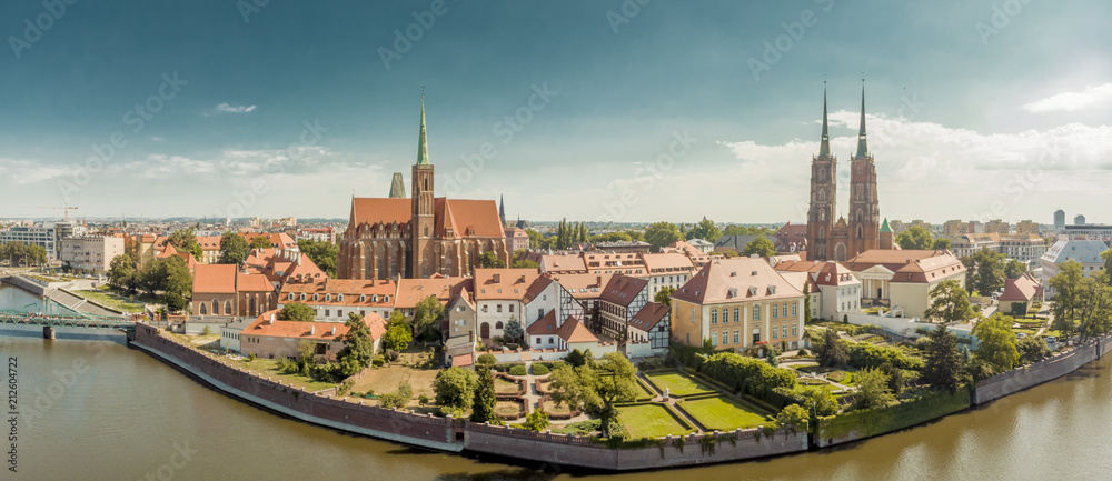 Poland. Wroclaw. Ostrow Tumski, park, and Odra River. Aerial 4K video.