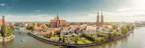 Poland. Wroclaw. Ostrow Tumski, park, and Odra River. Aerial High Resolution Photo. photo