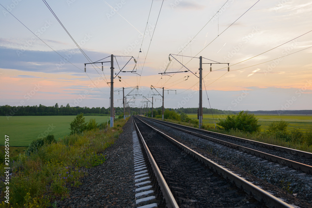 railway with poles among forests and fields in the summer evening