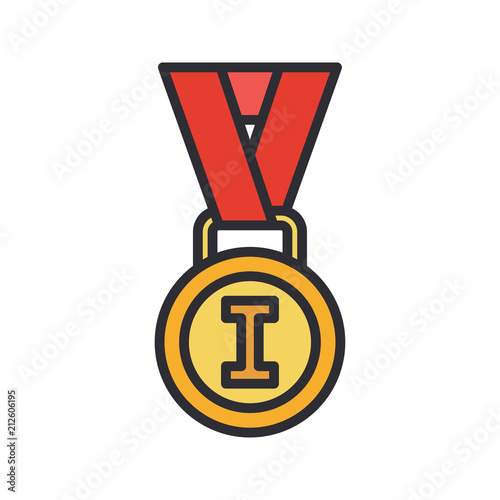 Line vector color medal and winner award icon. Sport equipment, success symbol. Athletic competition. Championship reward, win trophy. Retro style illustration and element for your design wallpaper.