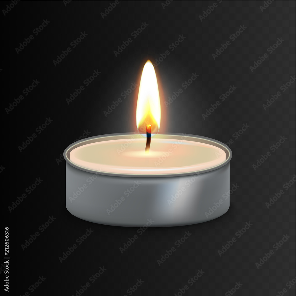 Stock vector illustration realistic 3D aluminium burning tea candle Isolated on a transparent checkered background Stock vector illustration realistic 3D aluminium burning tea candle Isolated on a transparent checkered background