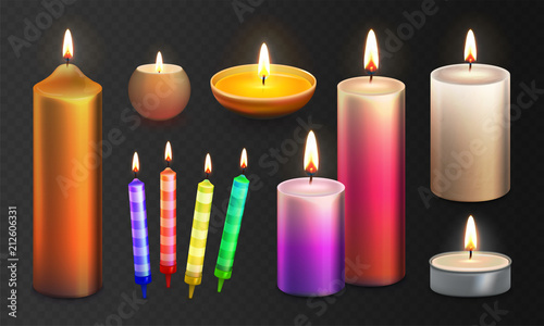 Stock vector illustration realistic 3D set multicolor candles Isolated on a transparent checkered background. Candle flame. Decorative scented paraffin wax candle light and candlestick EPS10