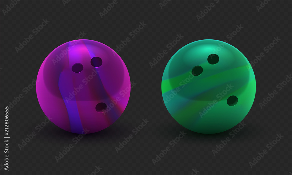 Vector illustration realistic 3D purple and green bowling ball set. Isolated on a transparent checkered background. Design element EPS10 Vector illustration realistic 3D purple and green bowling ball set. Isolated on a transparent checkered background. Design element EPS10