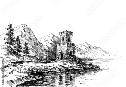 Old castle on a river bank landscape