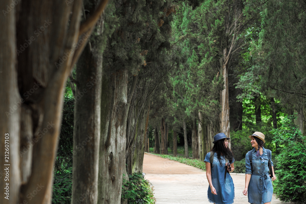 Two young beautiful brunette girls in jeans dresses and hats walk along the road of park with tall green trees. Two young beautiful brunette girls in jeans dresses and hats walk along the road of park with tall green trees.