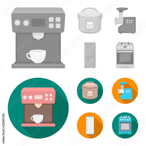 Multivarka, refrigerator, meat grinder, gas stove.Household set collection icons in monochrome,flat style vector symbol stock illustration web.
