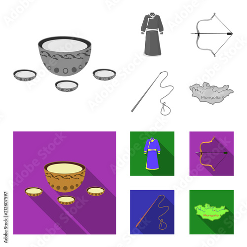 .mongol dressing gown, battle bow, theria on the map, Urga, Khlyst. Mongolia set collection icons in monochrome,flat style vector symbol stock illustration web.
