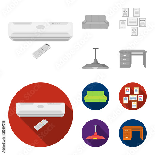 Comfortable sofa, letters and diplomas within the framework, an office ceiling lamp, a desk with drawers. Office Furniture set collection icons in monochrome,flat style vector symbol stock