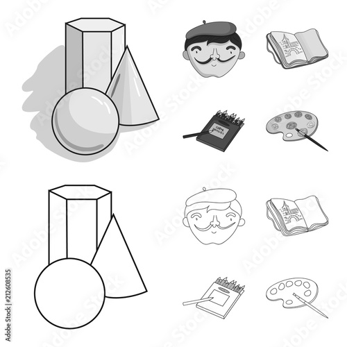 Geometric still life, a self-portrait of the artist, a notebook with drawings, a box of colored pencils.Artist and drawing set collection icons in outline,monochrome style vector symbol stock