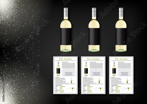 A simple design of realistic bottles of wine and wine cards with descriptions and characteristics of the wine on a black background with sparkling sparkles.Vector illustration in photorealistic style.