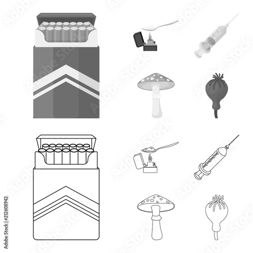 Cigarettes, a syringe, a galoyucinogenic fungus, heroin in a spoon.Drug set collection icons in outline,monochrome style vector symbol stock illustration web.