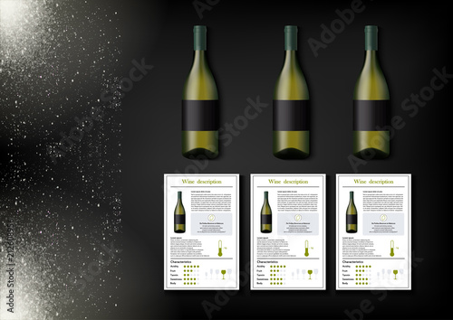 A simple design of realistic bottles of wine and wine cards with descriptions and characteristics of the wine on a black background with sparkling sparkles.Vector illustration in photorealistic style.