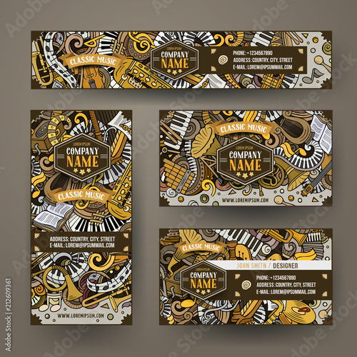 Corporate Identity vector templates set design with doodles Classic music theme.