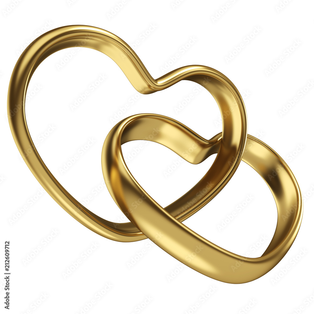 Couple of linked gold wedding rings in shape of heart Couple of linked gold wedding rings in shape of heart