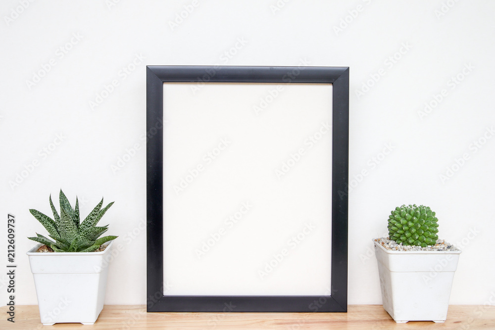 succulents or cactus in concrete pots over white background on the shelf and mock up frame photo succulents or cactus in concrete pots over white background on the shelf and mock up frame photo