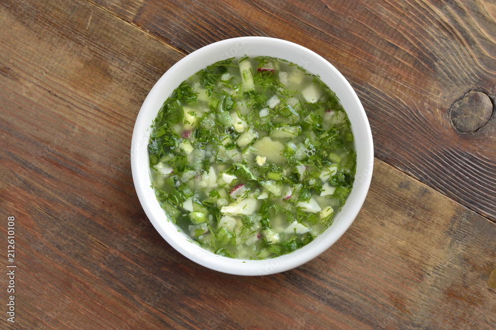 Cold soup with vegetables, okroshka, top view