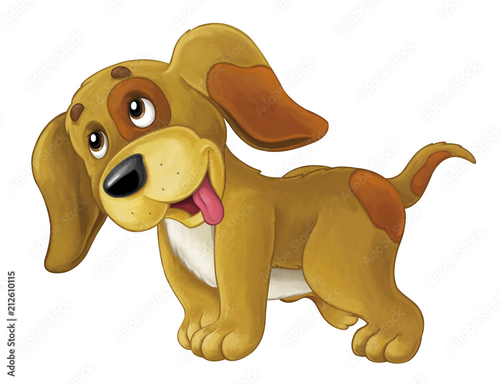 Cartoon happy dog standing and lifting leg - on white background -  illustration for children Stock Illustration | Adobe Stock