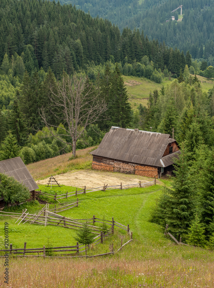 View to old Hutsul house from the hill, Carpathian mountains, Ukraine